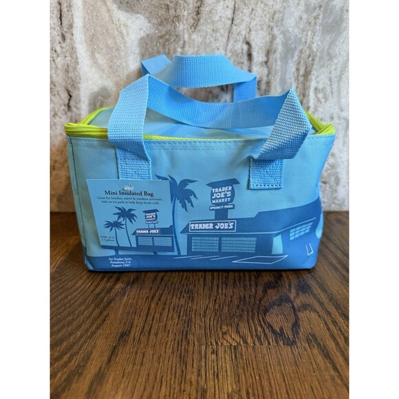 Trader Joe's Bag BLUE w Green Zipper Mini Lunch Insulated Tote Bag NEW Fast Ship - Picture 1 of 9